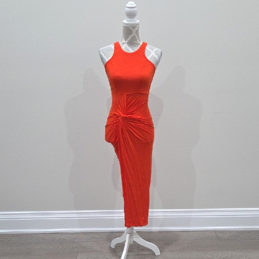Revamped Orange Asymmetrical Ruched Midi Dress